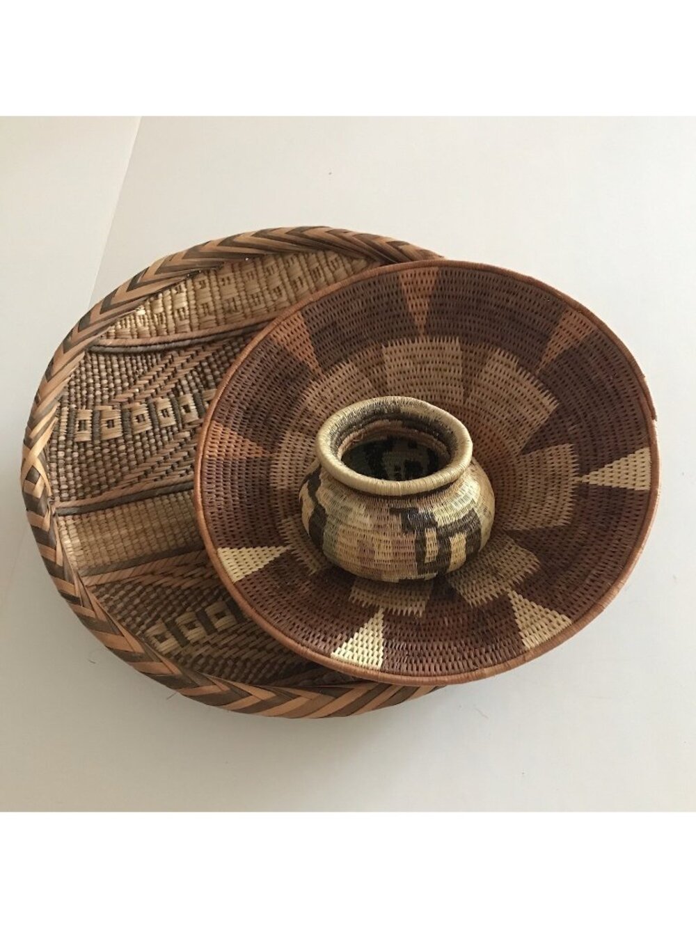 Vintage Handwoven Basket Mixed Lot Tonga Two Tone Coiled Mini Tribal Boho Native